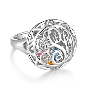 Monogram Cage Ring With Heart Birthstones In Silver