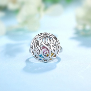 Monogram Cage Ring With Heart Birthstones In Silver